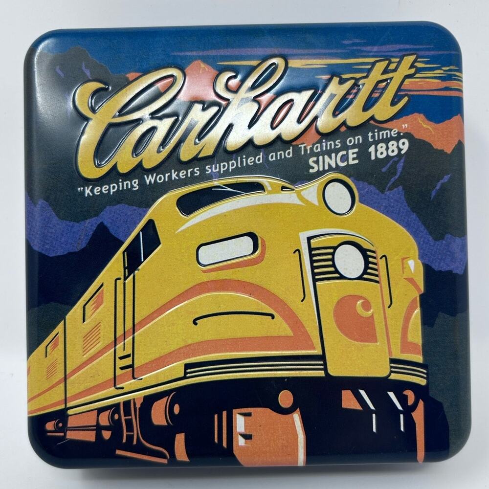 Carhartt Square Tin Blue Black Yellow Orange with a Train Since 1889